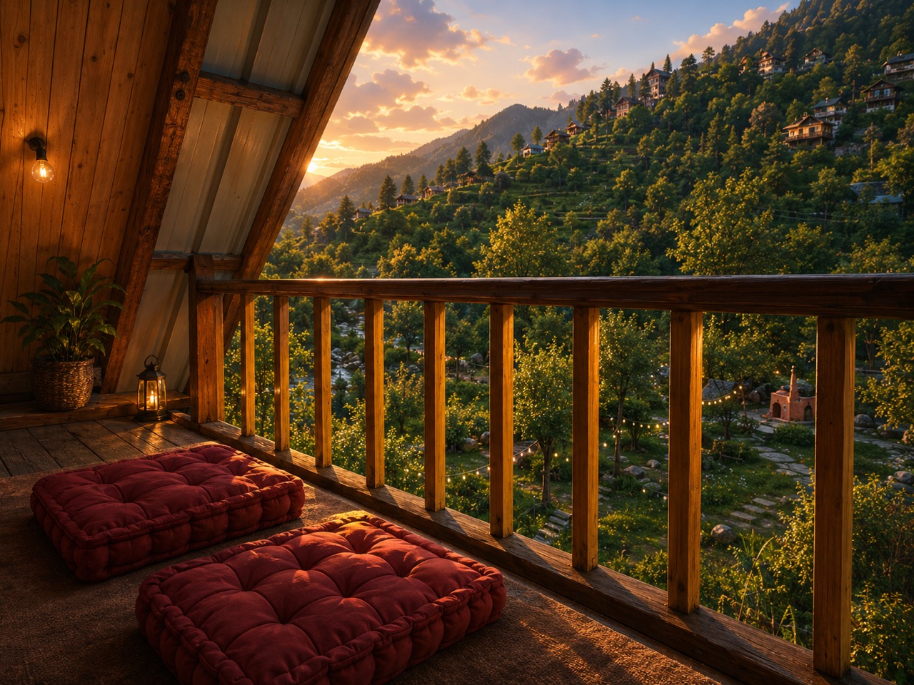 Floor cushions on a private balcony overlooking the valley at dusk