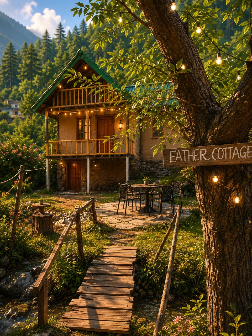 A stone-and-wood cottage reached by a wooden footbridge, strung with lights