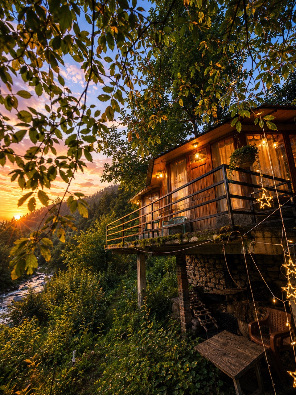 A wooden cottage glowing warm at sunset, perched above the river