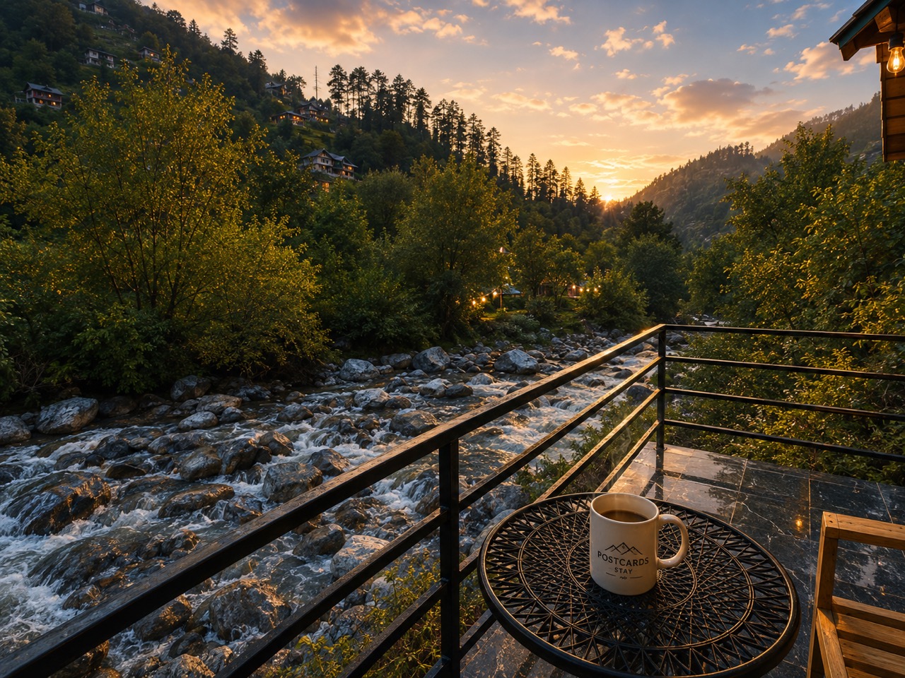 A Postcards Stay mug on a deck above a rushing mountain river at sunset