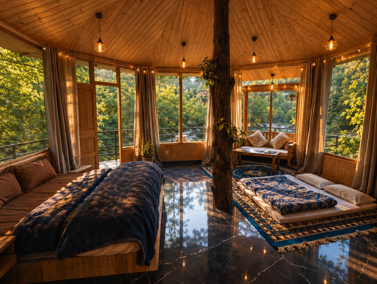 Treehouse bedroom built around a living tree, wrapped in forest views